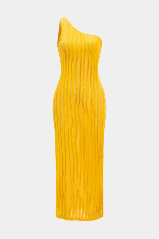 En-skulder ruffle ærmeløs spalte Midi-kjole sold by Micas