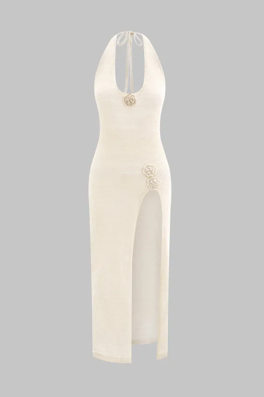 3d blomster V-hals halter hals ærmeløs rygfri spalte maxi kjole sold by Micas