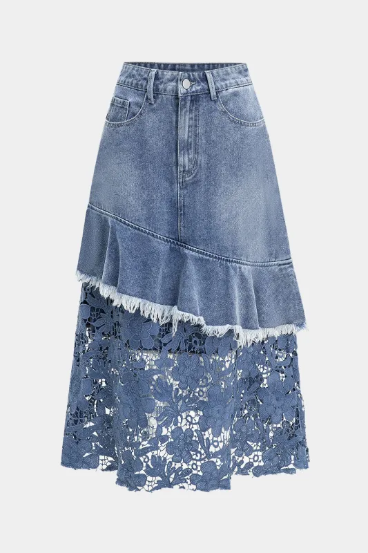 Denim Patchwork Lace Trim Skirt sold by Micas
