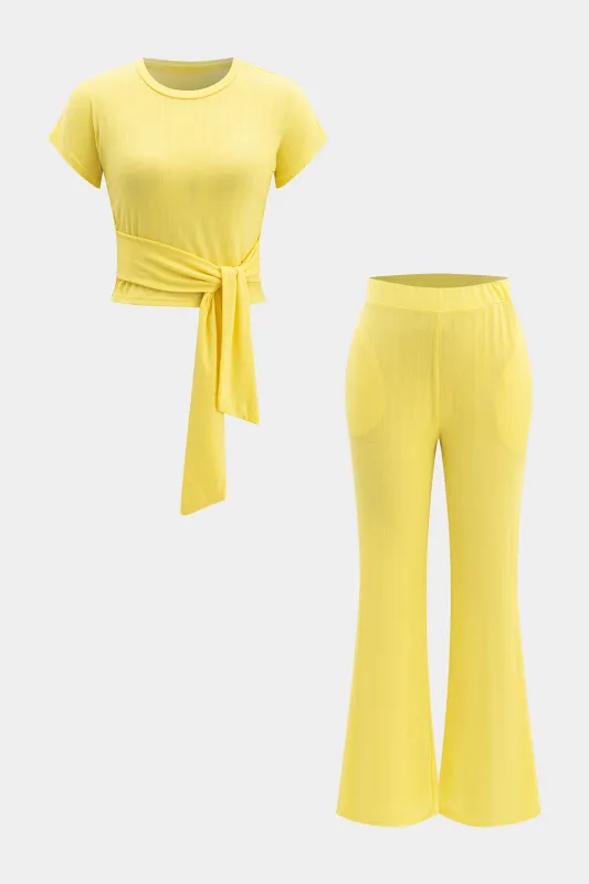 Solid Tie Front Top and Pants Set sold by Micas