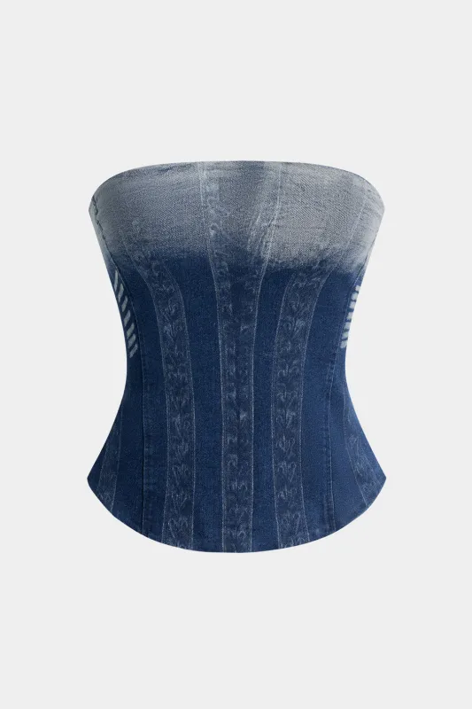 Denim flettet øjenrør top sold by Micas