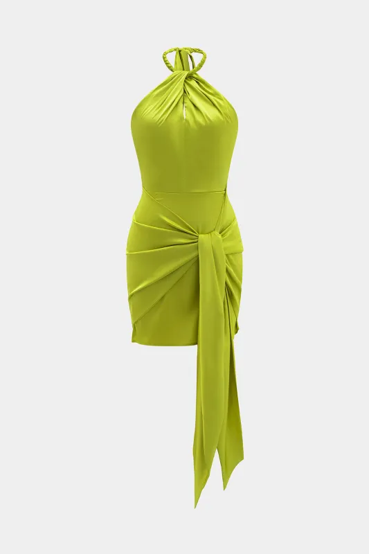 Satin Halter Neck Ruched Tie Front Sleeveless Mini Dress sold by Micas