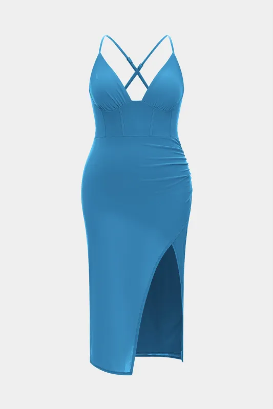 Plus Size Mesh V-Neck Sleeveless Ruched Bustier Slit Mini Dress sold by Micas