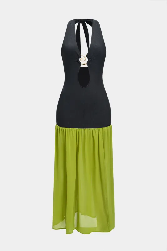 Chiffon v-hals halter hals metallisk udsmykning patchwork ærmeløs spalte maxi kjole sold by Micas