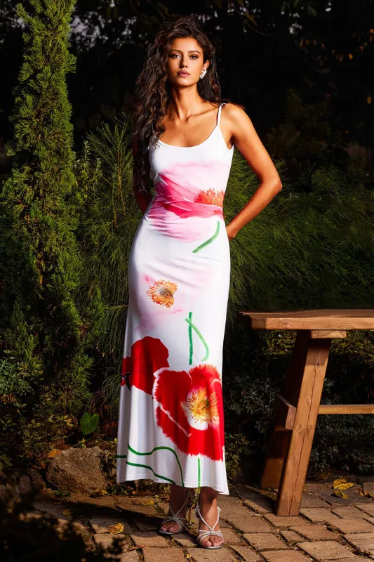 Satin blomster mønster rygfri slip ærmeløs maxi kjole sold by Micas