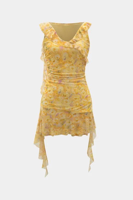 Blomstermønster Mesh Ruffle Ruched V-hals ærmeløs mini-kjole sold by Micas