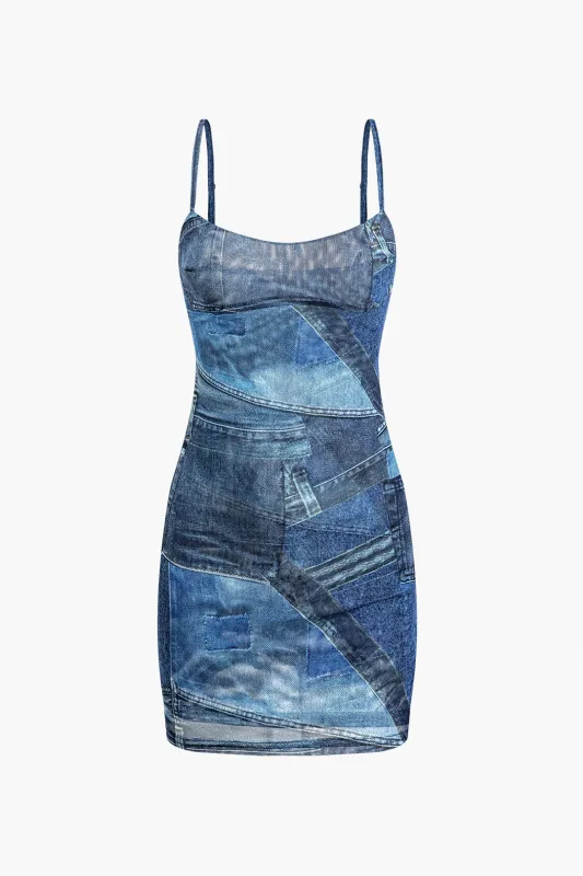 Illusion Mønster Mesh Slip ærmeløs spalte mini kjole sold by Micas