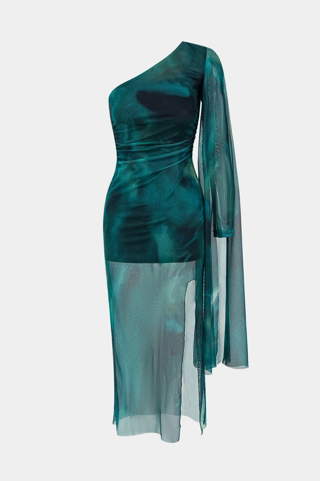 Tie farvestof mesh en skulder spalte midi kjole sold by Micas