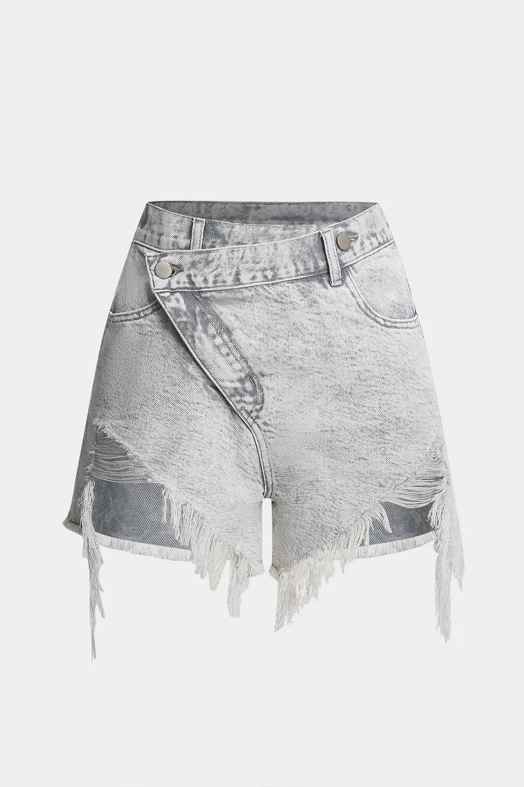 Denim flossede krydsede shorts sold by Micas