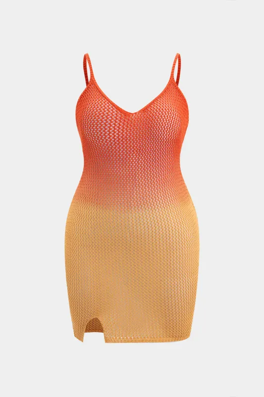 Plus størrelse ombre strik ud hule ærmeløs sidespalte kjole sold by Micas