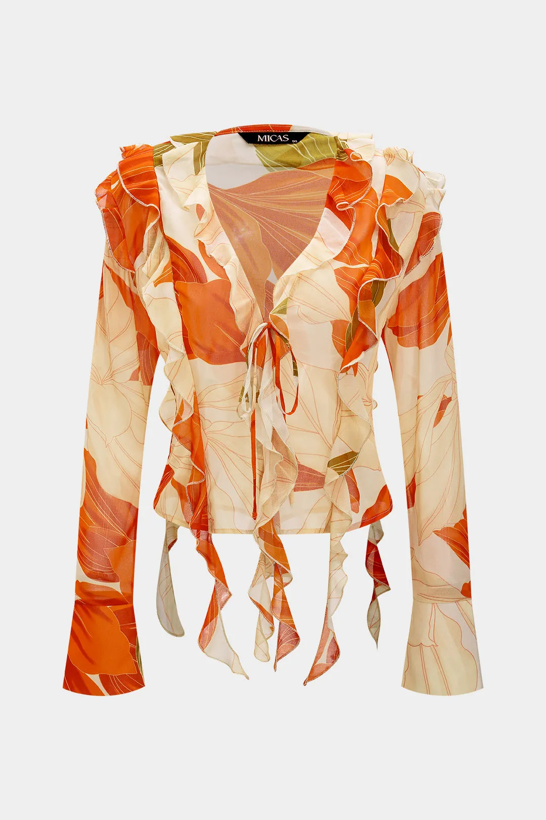 Chiffon forlader mønster v-hals ruffle langærmet top og spalte nederdel sæt sold by Micas product image thumbnail 3