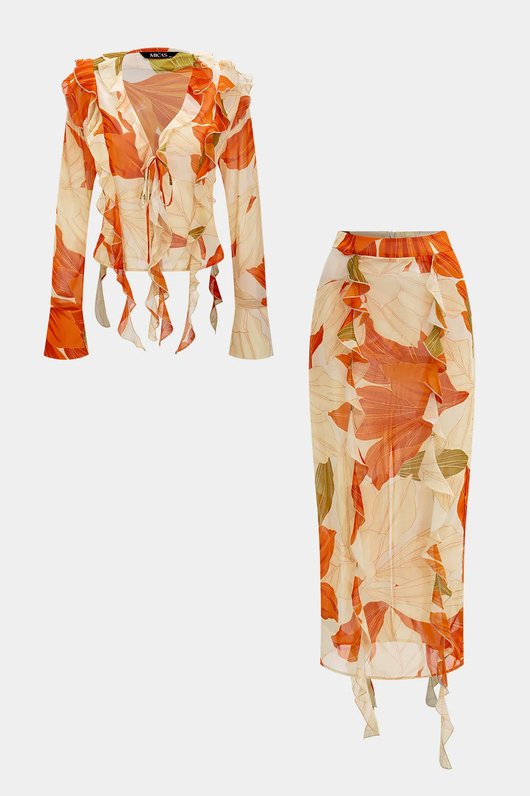 Chiffon forlader mønster v-hals ruffle langærmet top og spalte nederdel sæt sold by Micas product image thumbnail 2