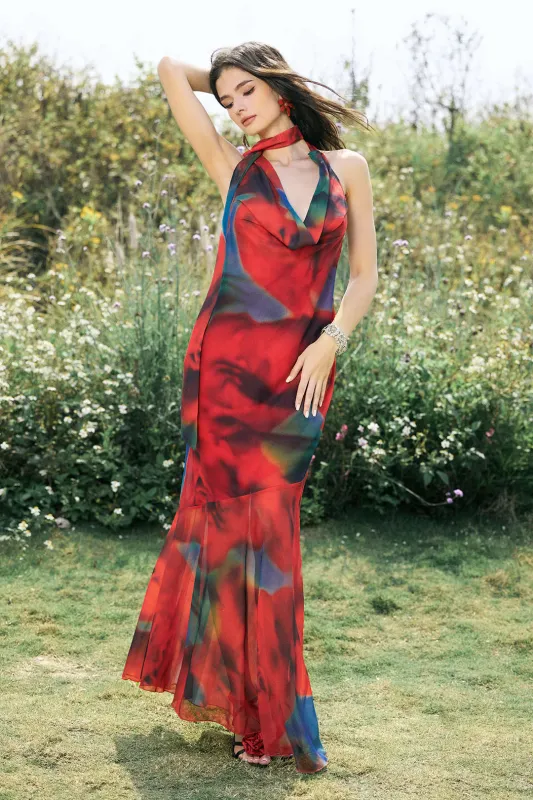 Mesh Abstract Blomstermønster Halter Neck Cowl Neck Sendeless Maxi Kjole sold by Micas