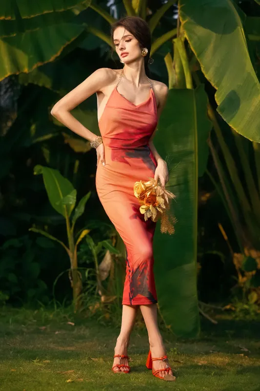 Mesh blomster mønster metallisk kæde halter hals ærmeløs midi kjole sold by Micas