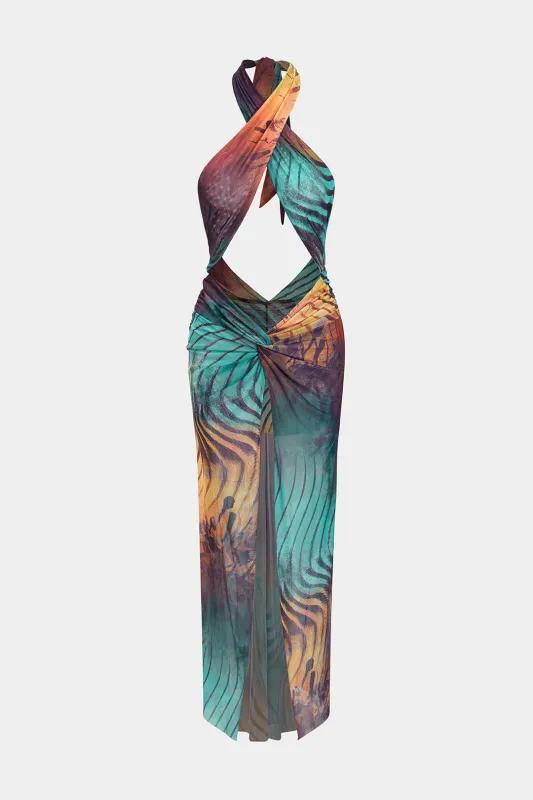 Mesh Halter Neck Cut Out Ruched Rackless Sleeveless Midi Dress sold by Micas
