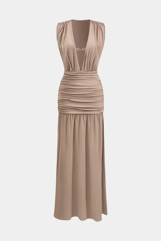 Chiffon metallisk indretning V-hals patchwork ruched maxi kjole sold by Micas