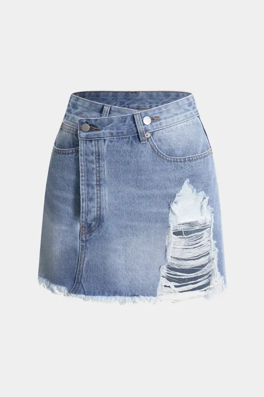 Denim asymmetrisk flod flosset denim nederdel sold by Micas