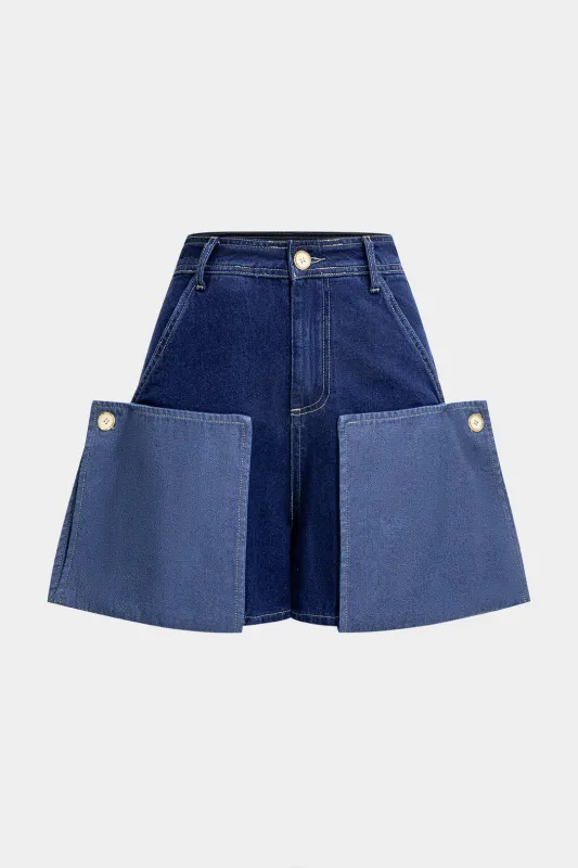 Denim lomme patchwork shorts sold by Micas