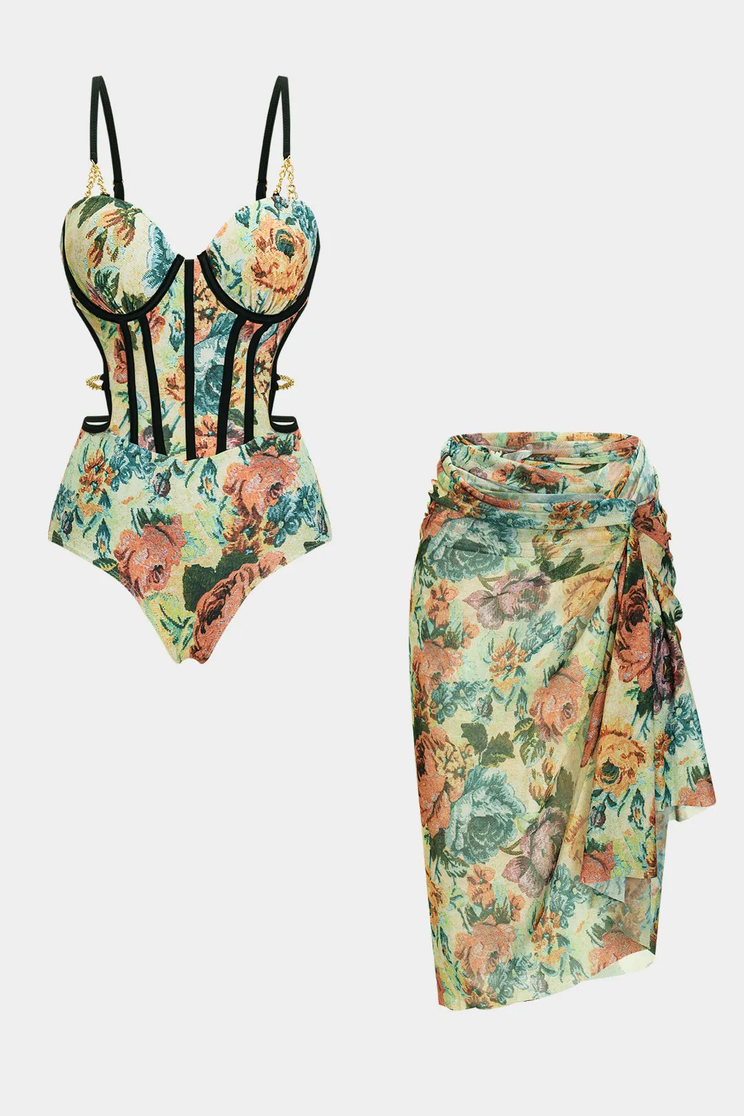 Blomstermønster Metallisk indretning Korset Tummy Control Swimsuit og Cover Up Set sold by Micas