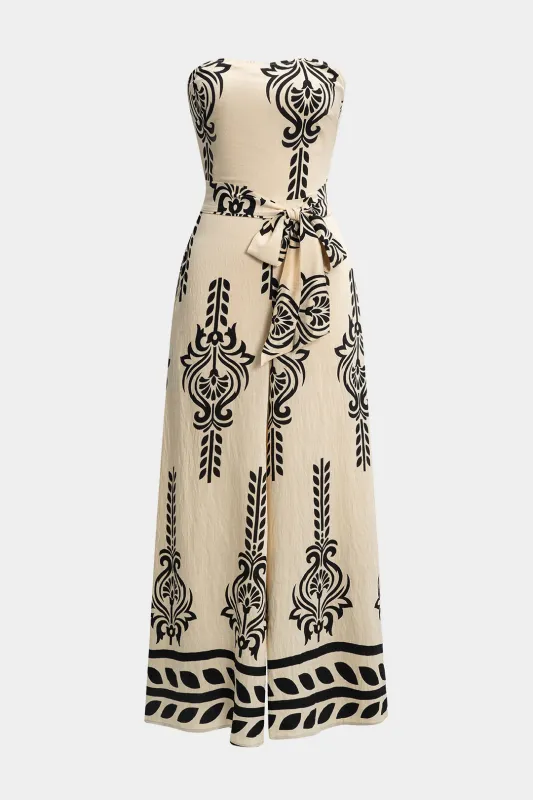 Kontrastmønsterbinding foran Shirred Stropløs ærmeløs jumpsuit sold by Micas