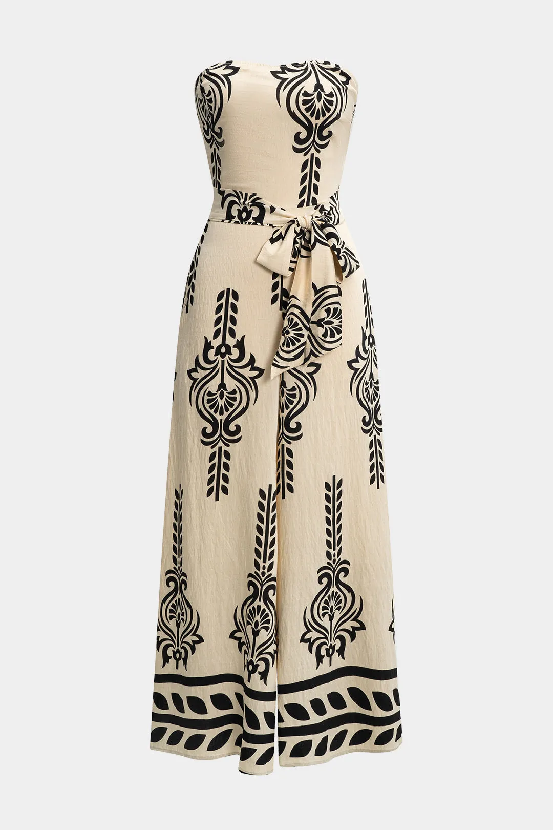 Kontrastmønsterbinding foran Shirred Stropløs ærmeløs jumpsuit sold by Micas