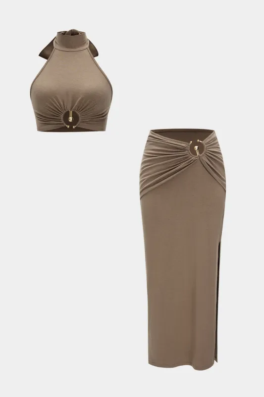Metallic Decor Halter Neck Ruched Tank Top And Slit Skirt Set sold by Micas