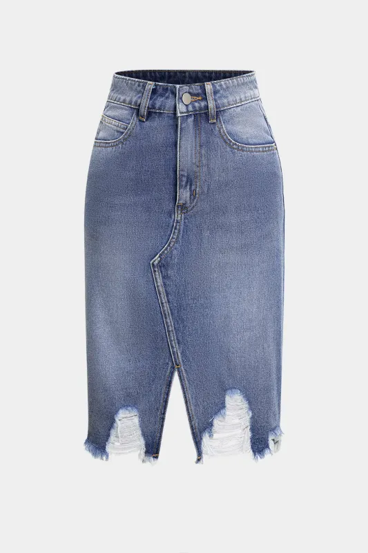 Denim Ripped Frayed Asymmetrical Skirt sold by Micas