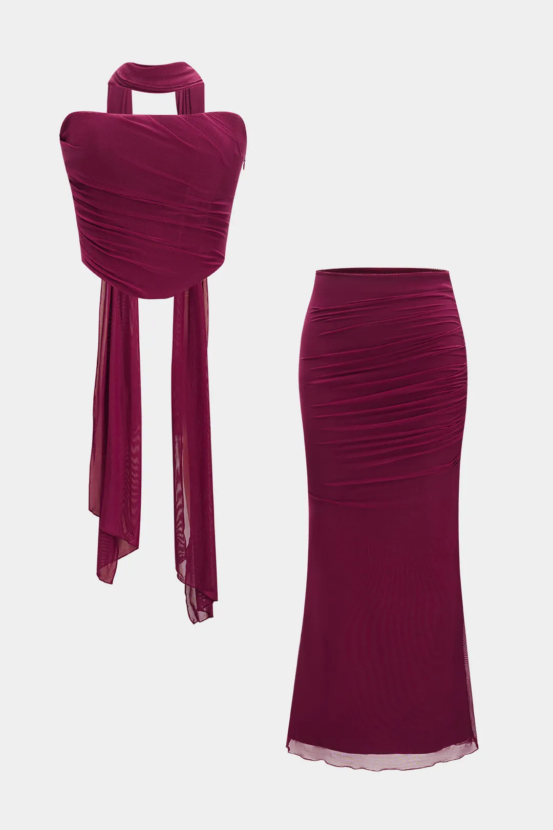 Mesh Ruched Tube top med bælte og nederdel sæt sold by Micas product image thumbnail 3