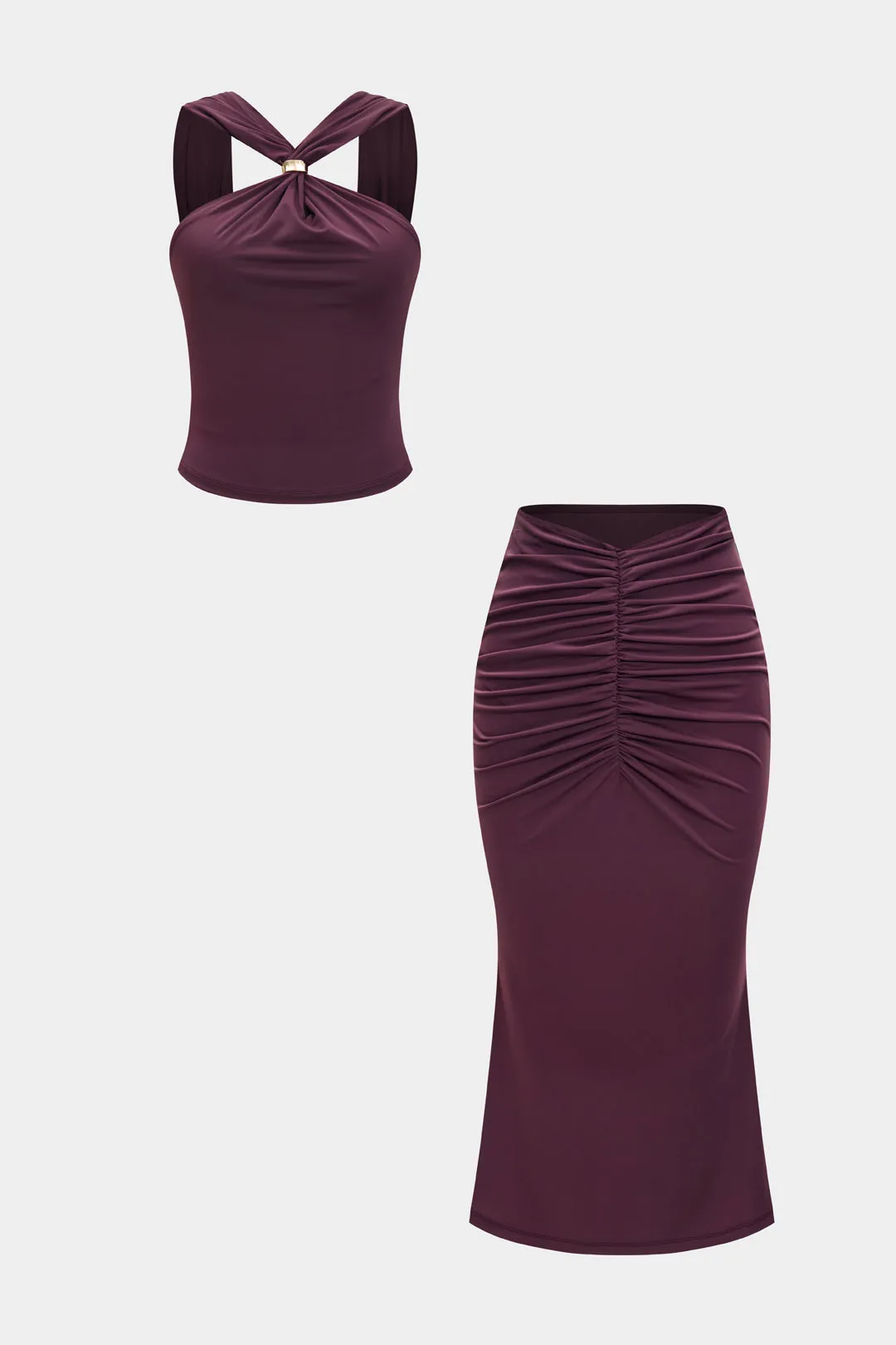 Ruched Twist Knot Metallic Decor Tank Top And Skirt Set sold by Micas