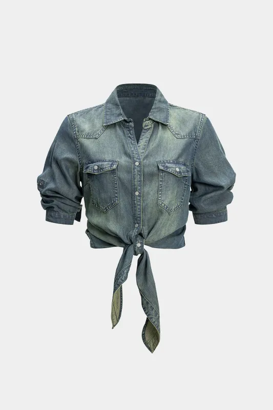 Denim Ruched knyttet kortærmet shirt sold by Micas
