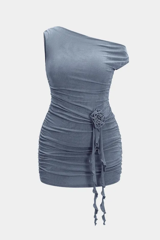 Plus Size 3D Floral Ruched Asymmetrical Mini Dress sold by Micas