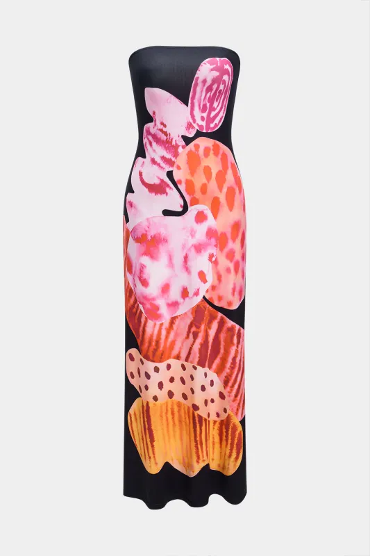 Floral Contrast Pattern Strapless Sleeveless Slit Midi Dress sold by Micas