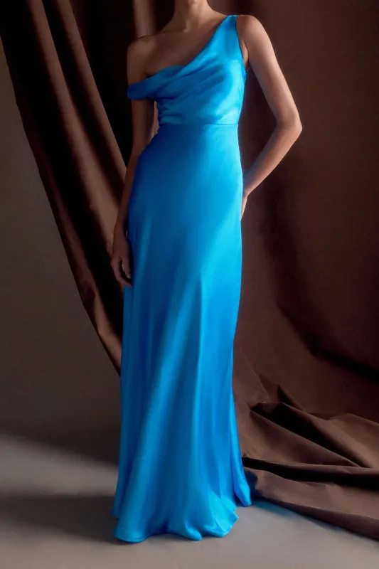 Satin Asymmetrical Ruched Maxi Dress sold by Micas