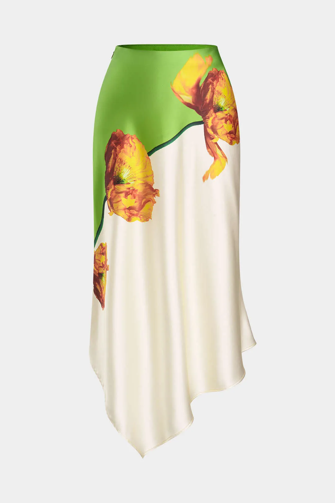 Satin blomsterkontrastmønster asymmetrisk nederdel sold by Micas