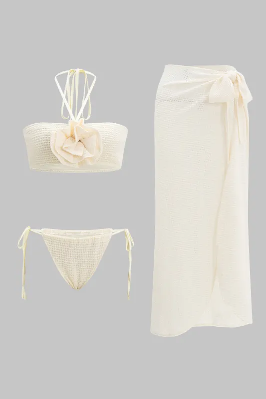 3D Floral Halter Neck Tie Up High Slit Three-Pieces Bikini Set sold by Micas