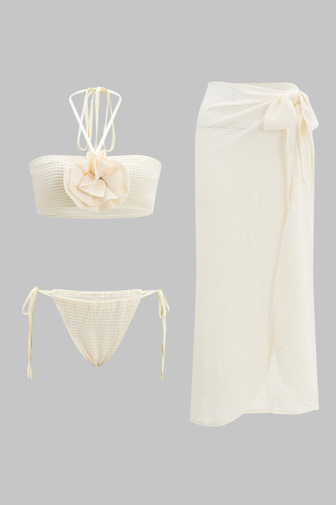 3D Floral Halter Neck Tie Up High Slit Three-Pieces Bikini Set sold by Micas