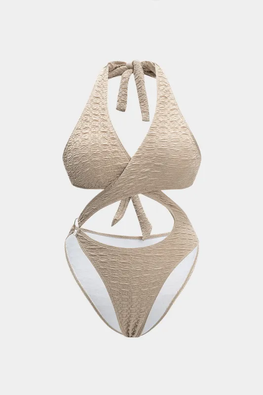 Plusstørrelse plisseret krydset rygfri binding i ét stykke badedragt sold by Micas