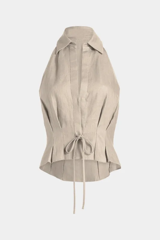 Linen Ruched V-Neck Sleeveless Tie Front Tank Top sold by Micas
