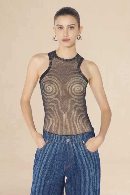 Mesh Abstract Pattern Sleeveless Bodysuit sold by Micas