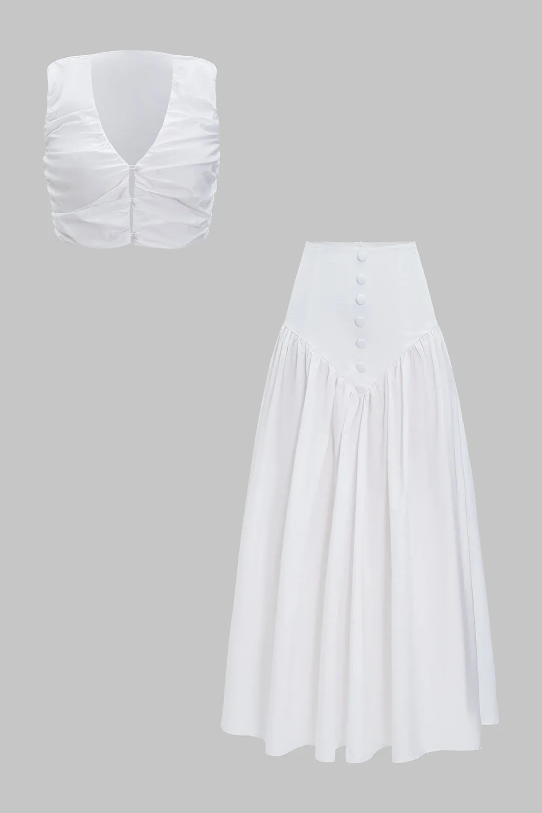 Knap Ruched V-hals tank top og lynlås nederdel sæt sold by Micas