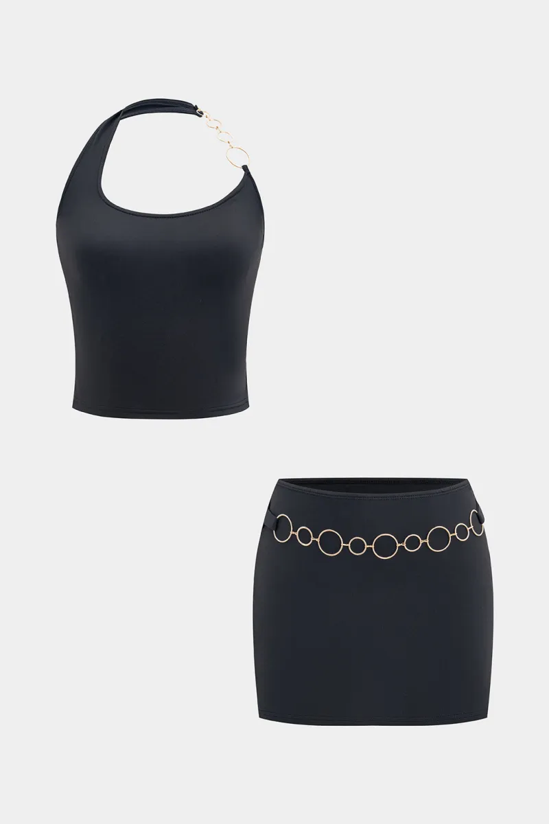 Metallic Chain Halter Neck Tank Top And Skirt Set sold by Micas