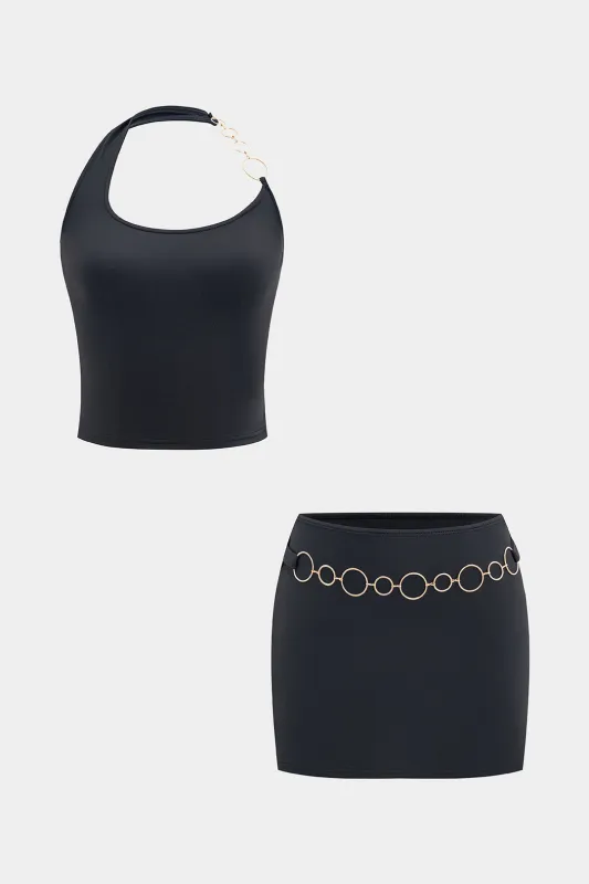 Metallic Chain Halter Neck Tank Top And Skirt Set sold by Micas