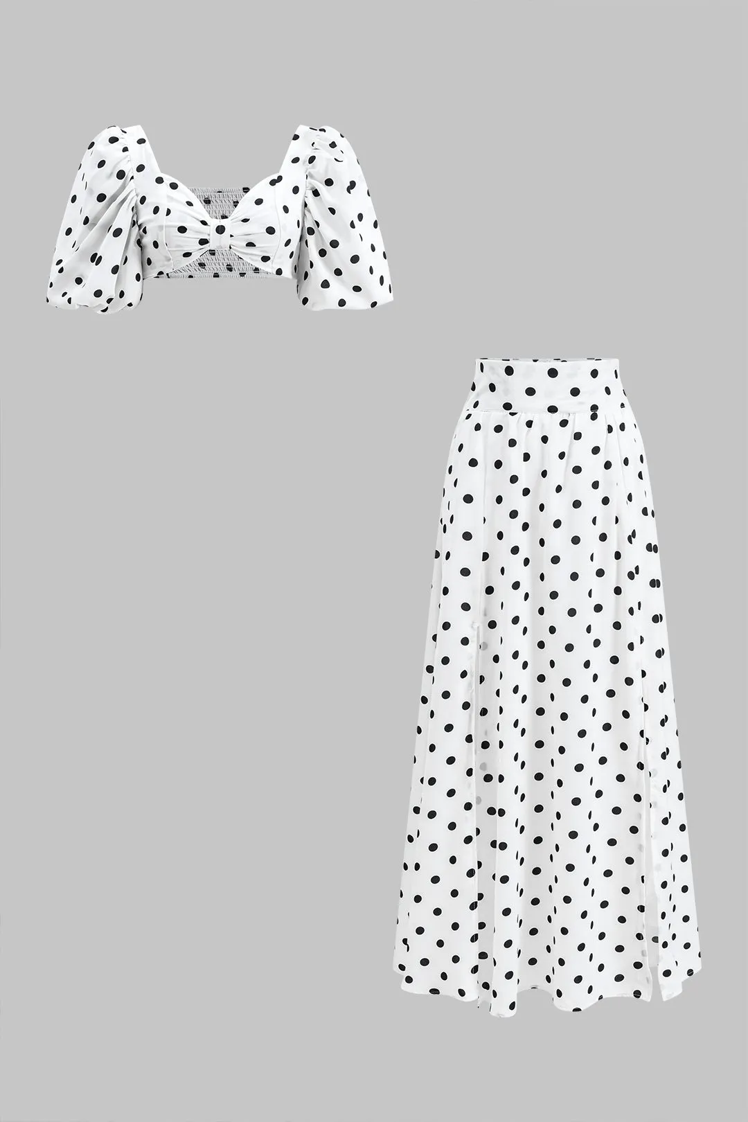 Polka Dots Print Ruched Top og Nederdel Set sold by Micas