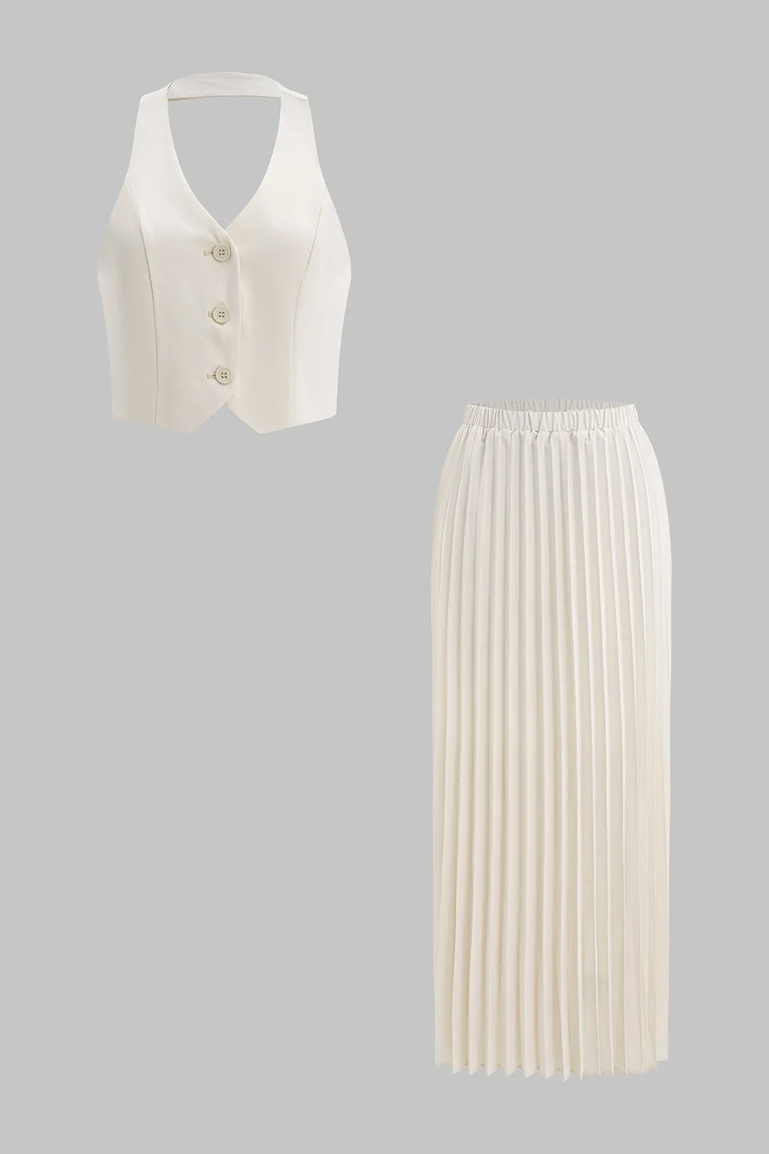 Halter hals knap rygfri tank top og plisseret nederdel sæt sold by Micas