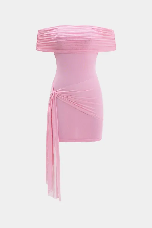 Mesh Off Shoulder Tie Front Mini Dress sold by Micas