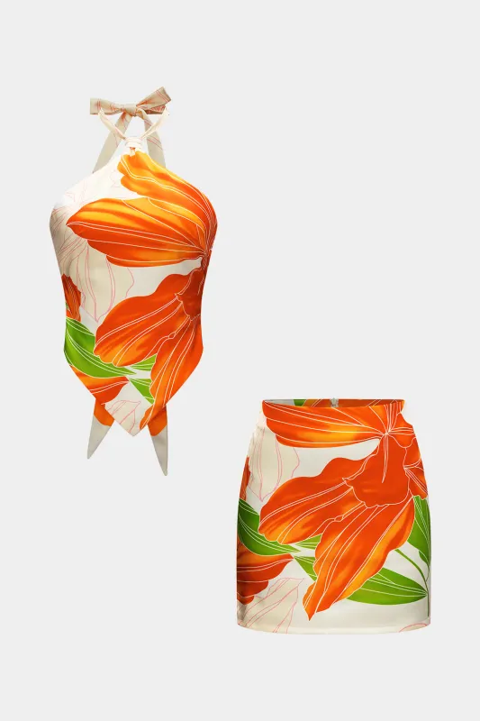 Blomsterprint rygfri binding halter hals ærmeløs tank top og lynlås nederdel sold by Micas