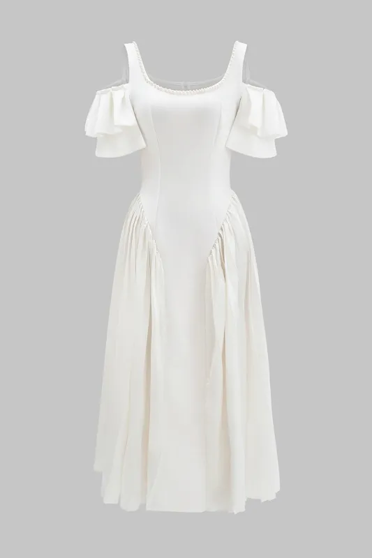 Satin Ruched Pearls Decor Zipper Midi Dress sold by Micas