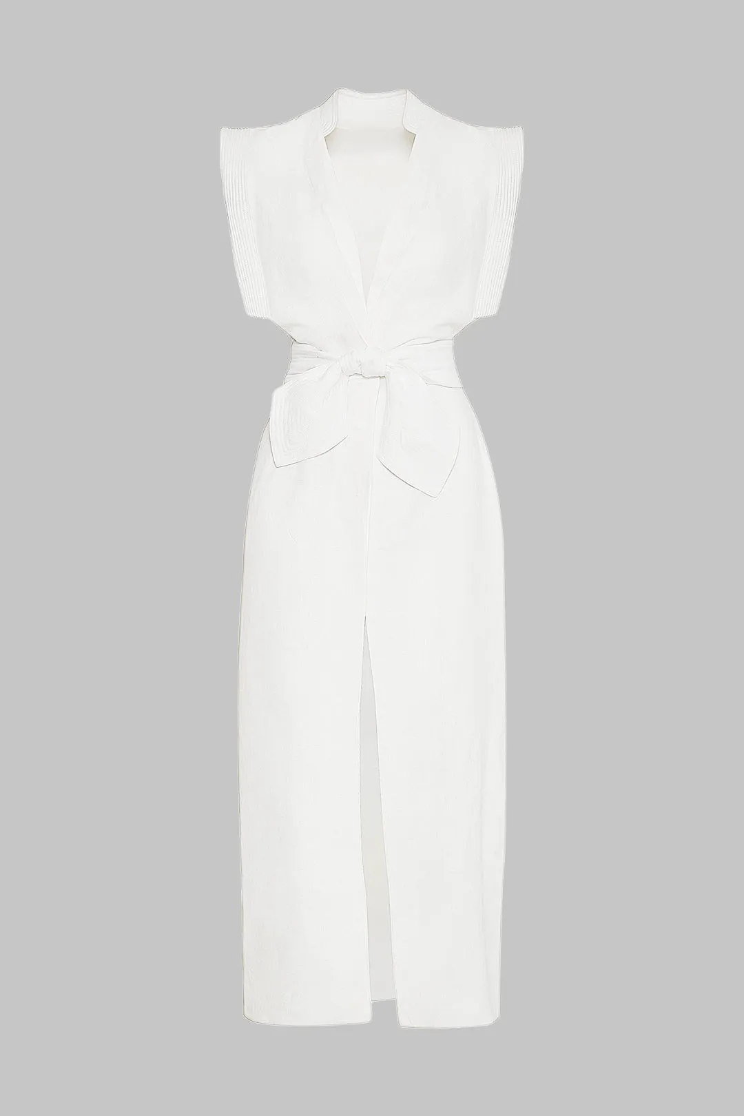 Linned fladder ærme v-hals slips front slids maxi kjole sold by Micas