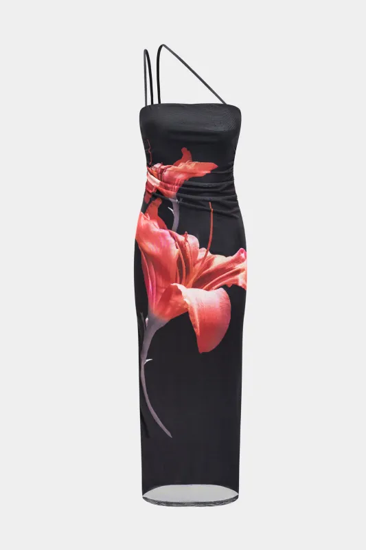 Mesh Floral Pattern Asymmetrical Ruched Slip Sleeveless Maxi Dress sold by Micas