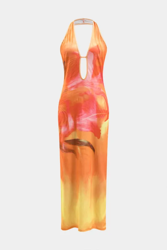Ombre halter hals v-hals rygfri udskåret ærmeløs maxi kjole sold by Micas